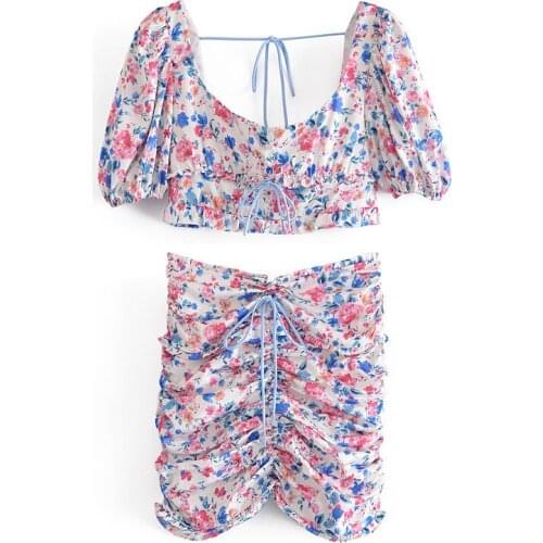 Summer New Floral Tie-Neck Small Top Pleating Wooden Ear Floral Mid-Length Dress Set