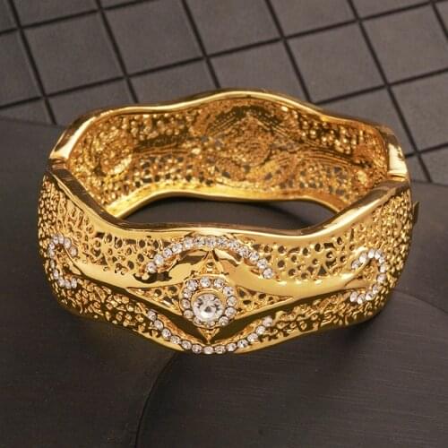 Golden Moroccan Rhinestone Bangle Womens Ethnic Open Sleeve Bracelet Dubai Wedding Jewelry