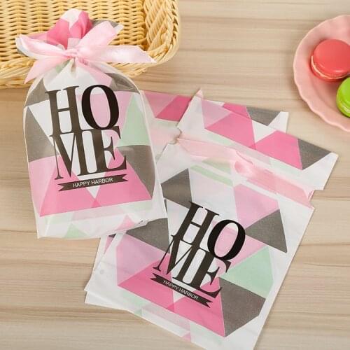 50Pcs 15x23cm Cute Plastic Ribbon Snack Cookie Candy Drawstring Bags Packing Wedding Gift Birthday Party Decoration