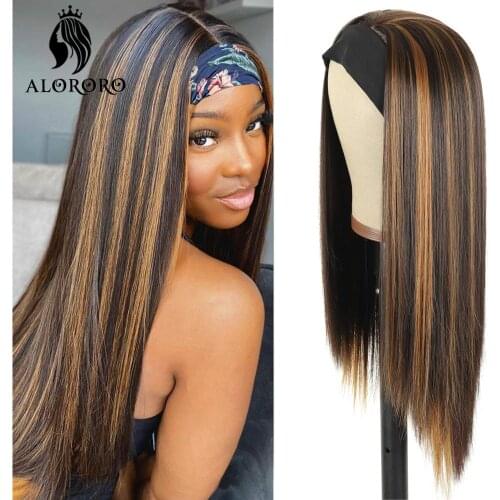 Alororo Headband Wig Synthetic Kinky Straight Wig For Afrian Women Yaki Straight HeadBand Wigs Natural Black Afro Wig 22-26inch