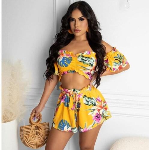 Floral Print Two Piece Set Women Summer Clothes Ruffles Crop Top and Shorts Sets Beach Wear Party Club Vacation Outfits Female