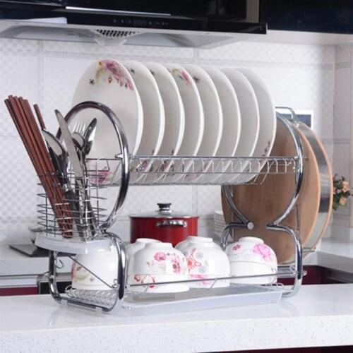 Dual Layers Dish With Drainboard Drainer Metal Art Kitchen Cutlery Drain Rack Utensils Storage Organizer Dishes Plates Organizer