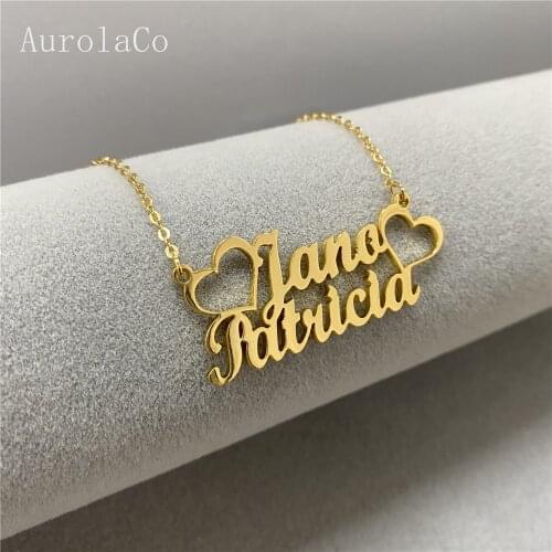 AurolaCo Customized Name Necklace Personalized Stainless Steel Gold Choker Pendant Two Name Necklace For Women Jewelry Gift