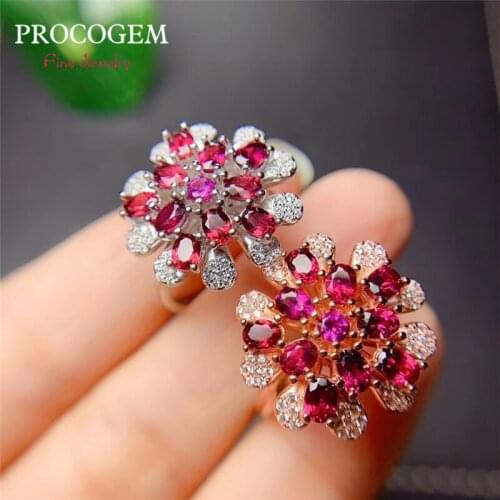 Procogem vvs Gorgeous Natural Garnet flower Ring for Women Party Real gemstones Fine jewelry rings gift 925 Sterling Silver #841