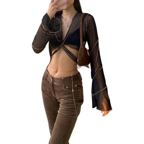 Summer Girls Mesh Midriff-baring Tops Ladies Solid Color Sexy V-neck Perspective Tie Up Stringy Selvedge Long Sleeve T-shirt