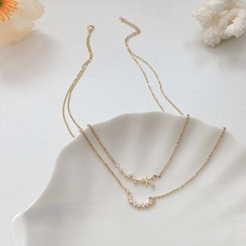 VSnow Korean Fashion Double Layer Star Rhinestone Pendant Necklace for Women Girl Delicate Gold Stainless Steel Necklace Jewelry