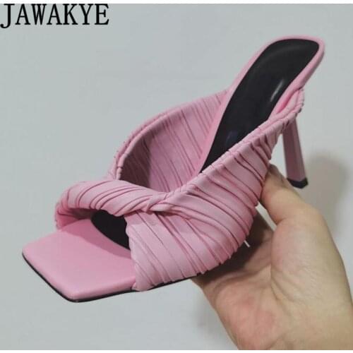 Sexy Square toe Super High Heel Slippers Woman Pink Blue Fold Design Leather Mules Summer Fashion Week Runway party Shoes Mujer