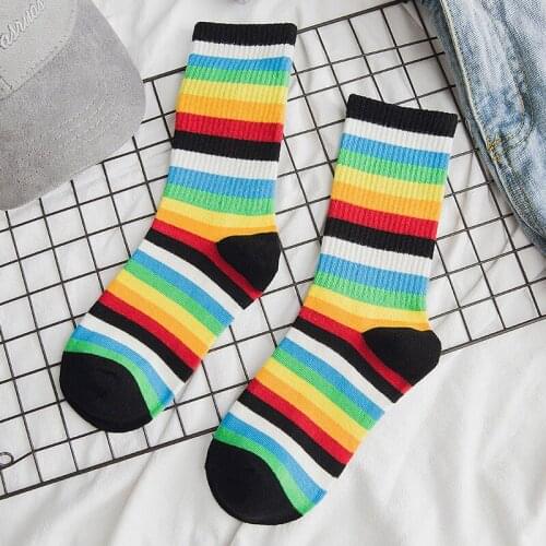 2019 New Women Socks 1 Pair Long Cotton Rainbow Color Striped Printed Novelty Fashion Lady Autumn Socks