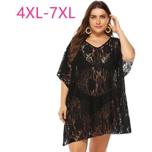 2021 new summer plus size dress for women large loose casual transparent hollow out sexy thin lace dresses black 4XL 5XL 6XL 7XL