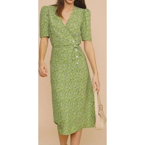 Spring/Summer 2021 New Product Fashion Button Lace Waist Slimming Floral Print V-neck All-match Short-sleeved Dress