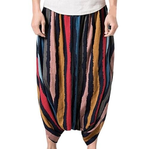 New arrival 2018 special design mens summer cotton rainbow colorful stripped big drop crotch capris wide leg comfort pants