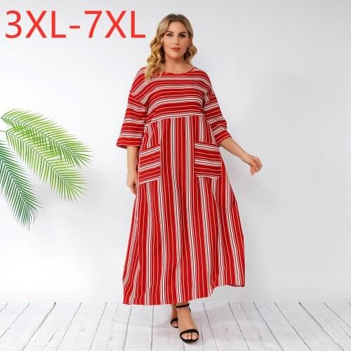 New 2021 Ladies Spring Summer Plus Size Long Dress For Women Large Short Sleeve Large Loose Red Stripe Dress 3XL 4XL 5XL 6XL 7XL