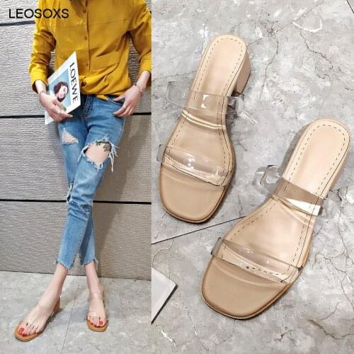 Shoes For Women 2021 Fashion Summer New Korean Transparent Thick Middle Heel 3-5CM Lazy Half Slippers