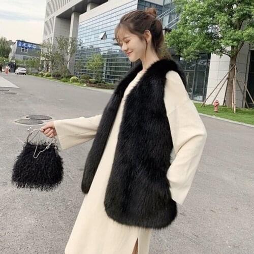 Autumn and Winter 2021 New Imitation Fox Fur Grass Vest Womens Middle Long Coat Imitation Fur Fur Vest Shoulder Black
