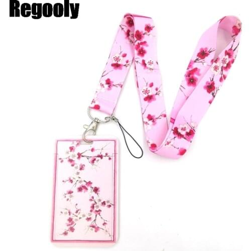 Pink Cherry blossoms Creative Lanyard Card Holder Student Hanging Neck Phone Lanyard Badge Subway Access Card Holder Accessories