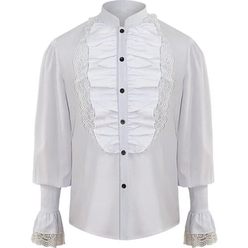 White Cotton Ruffles Stand Up Collar Lanter Sleeve Gothic Shirt Male Medieval Top Victorian Shirts For Men Fashion Retro Clothes
