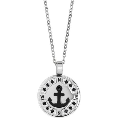 Runda Fashion Anchor Stainless Steel Black CZ Stone Pendant for Men Necklaces Chain Jewelry with Peaceful