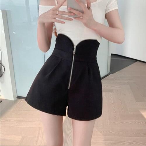Zipper High Waist Summer Shorts Women Wide Leg Short Pants Eleagnt Sexy Clubwear Korean Designer Hot Shorts Black 2021 Z469