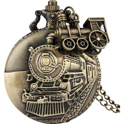 Vintage Bronze Quartz Pocket Watch Train Locomotive Engine Necklace Pendant Chain Best Gifts for Men Women with Train Accessory