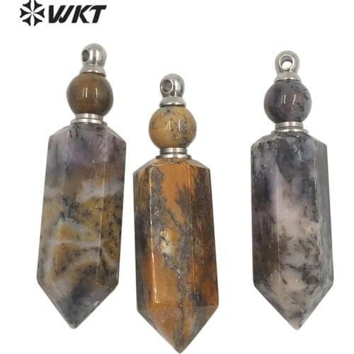WT-P1631 Vintage Brown Stone Point Pendant Luxury Hexagon Moss A-gate Stone Perfume Bottle Pendant