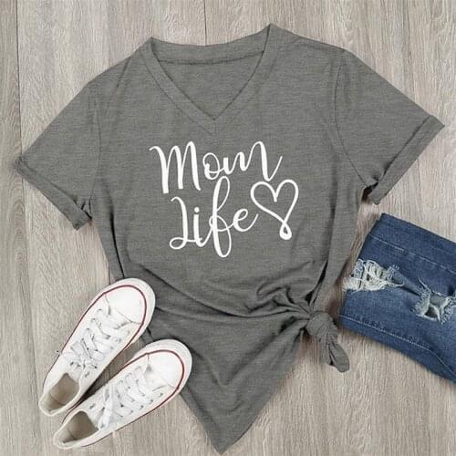 GAOKE Summer Casual Tshirt Mom Life Letter Printed V-Neck Short Sleeve Tops Tees Female Loose Tees T-Shirt For Women Gray