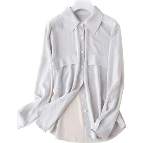 2019 Spring Ladies 100% Silk Shirts Long Sleeves T-shirt OL Silk Shirts Luxury Shirts Leisure Crepe Tees With Pocket