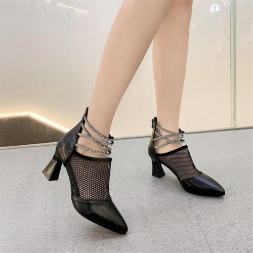 Women Rome High Heeled Sandals Pointed Toe Thick Heel Gladiator Zipper Ankle Boot Black Spring Autumn Hollow Out Rhinestone Shoe