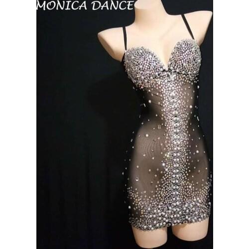 Women Pearl Rhinestones Black Mesh See-through Dress Nightclub Women DJ Singer Party Costume Show Sexy Perspective Short Drss