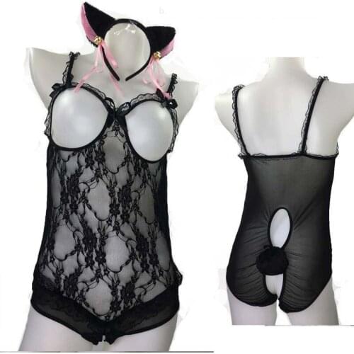 Women Sexy Lingerie Lace Underwear Sleepwear Bodysuit Bodydoll Front Bra Open Crotch Uniform Costumes Bodysuits Ear Tail Cosplay