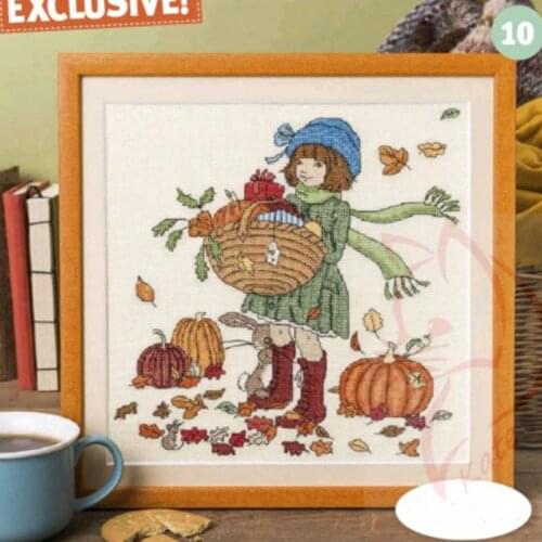 Gold Collection Lovely Counted Cross Stitch Kit Russian Harvest Season Lovely Girl With Blue Hat Fruit Pumpkin And Bunny