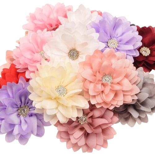 12PCS 3.2inch Smooth Chiffon Flower Rhinestone Center Hair Accessories for Girls Hair Bows Headband Making Headwrap