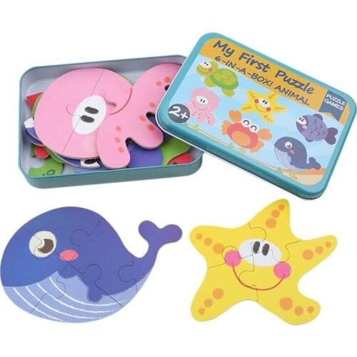 Animal 3D Puzzle Cards for Children Jigsaw Metal Iron Box Wood Puzzle Montessori Learning Educational Kids Brain Teaser Toys