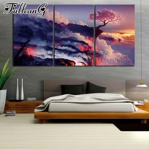 FULLCANG 5d diy diamond embroidery Volcanic cloud landscape diamond painting triptych full square round drill needlework FC2942