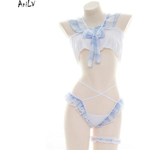 AniLV Anime Lolita Girl Blue Plaid Maid Bikini Swimsuit Costumes Summer Student Cute Swimwear Uniform Set Pool Party Cosplay