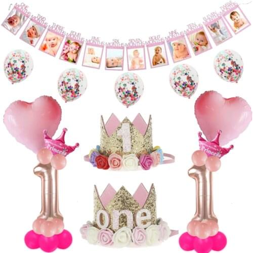 Cyuan First Birthday Photo Banner Garlands 1st One Year Old Boy Girl Birthday Decoration Monthly Photo Album Baby Shower Banner