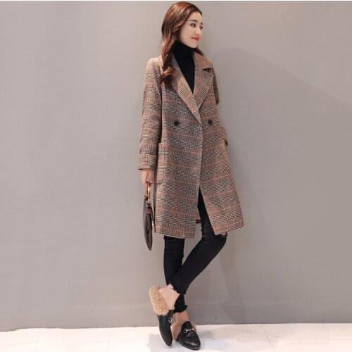 Womens Parker Long Section 2019 Spring Autumn New Woolen Coat Korean Lattice Jacket Popular Herringbone Woolen Outerwear winter