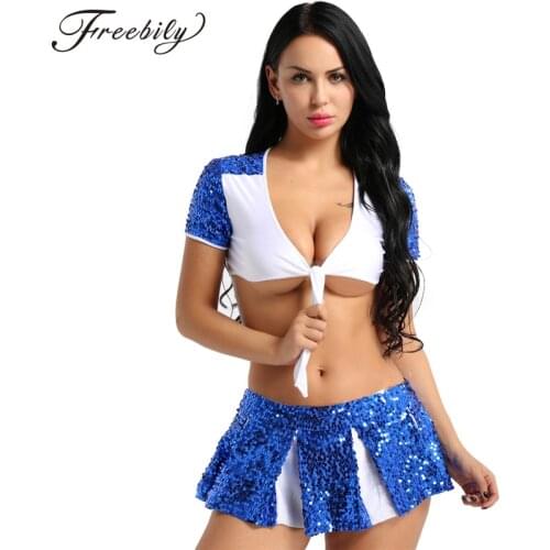 Women Sexy Costumes Students School Girl Shiny Sequins Dress Uniform Cheerleader Cosplay Halloween Erotic Sex Costume femme