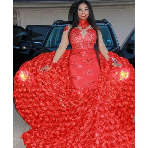 Red Prom Dresses 2019 Mermaid High Neck Long Sleeves Lace Appliques Rose Flowers Formal Evening Dress Party Gowns DP0032