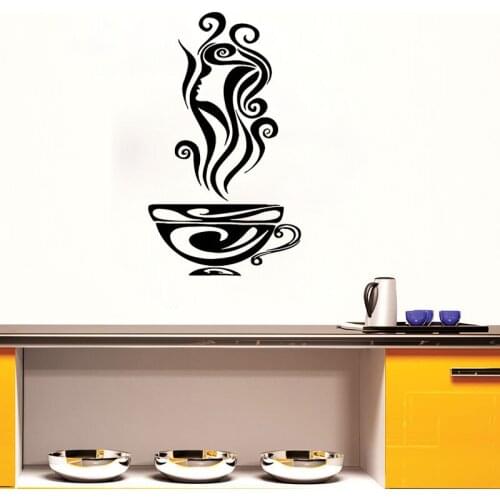Creative Coffee Cup Aroma Wall Sticker Girl Hair Profile Home Decor Kitchen Cafe Vinyl Wall Decal Art Mural Removable Wallpaper