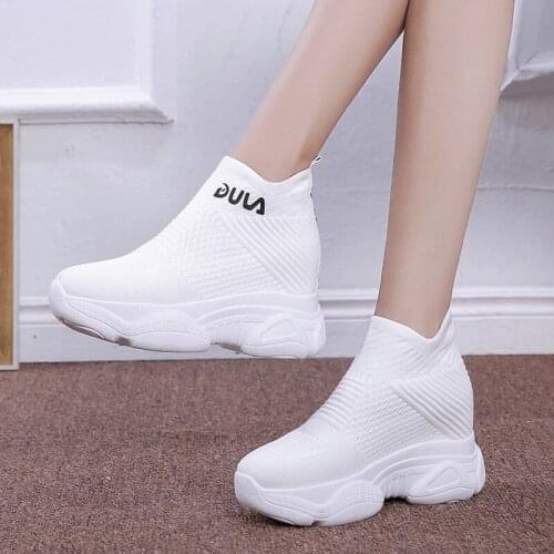 Breathable Knitted Chunky Sneakers Women Spring Solid Wedge Sock Shoes Woman Thick Bottom Hidden Heels 8 CM Shoes Female White