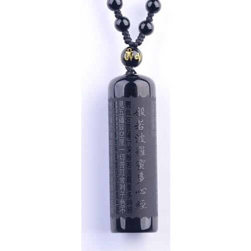RONGDE Obsidian Necklace Pendant Buddhist Scripture Pendant with Rope Chain Hand Carved Pendant Lucky Fine Jewelry