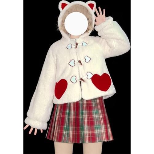 Kawaii Loli Hooded Jacket Girls Faux Fur Teddy Bear Lolita Zip Up Coats Women Cute College Style Soft Furry Warm Overcoat Women
