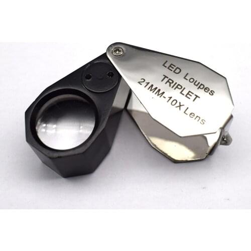 LED Jeweler Loupe Triplet Magnifying Glass 10x21mm Folding Magnifier For Jewelry Coins Stamps Antiques