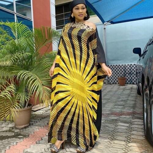Richkeda Store New 2021 African Dresses For Women Plus Size Boubou Ankara Dashiki Stripe Print Long Dress Woman Nigerian Headtie