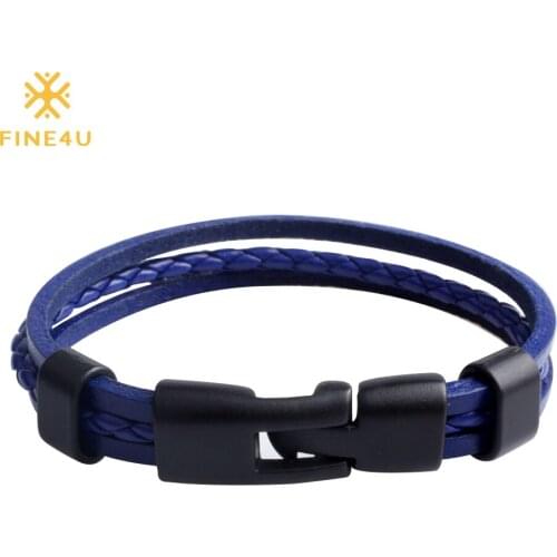FINE4U B034 Multi-layer Bracelet Genuine Leather Bracelet Bangles For Men Punk Rock Jewelry