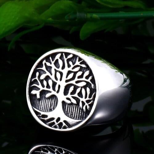 Vintage Titanium Steel Life Tree Biker Gothic Punk 316L Stainless Ring For Men Retro Male Design Round Bands Rings