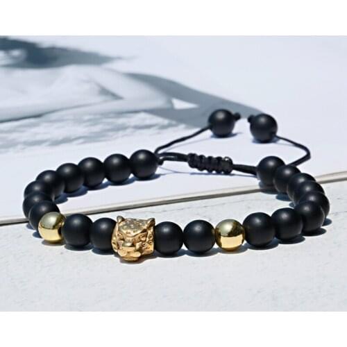 Charm Bracelet Men Stainless Steel Leopard Beads Bracelet Handmade Black Stone Beads Bracelets&Bangles Pulseira Masculina
