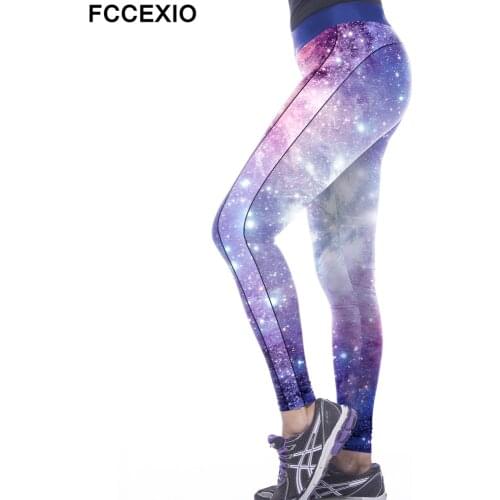 FCCEXIO New Arrival leggins Pink Galaxy Star Printed Leggings Elastic Slim Fit Fitness Women Leggings Pants Plus Size Trousers