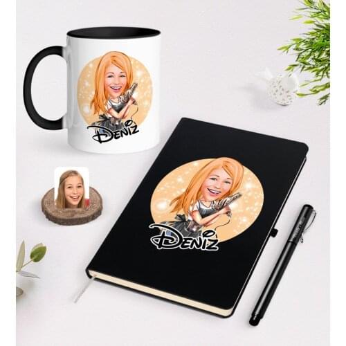 Personalized Women 'S Hairdressing Caricature Of Black Notebook pen And Mug Seti-2