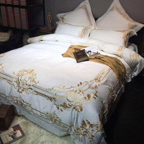 Luxury golden Embroidery white 100S Egyptian cotton Bedding sets Queen King Royal Duvet cover Bed sheet set Pillowcases 4/6pcs